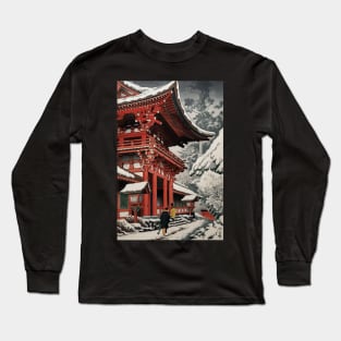 Snowy temple in Kyoto - Japanese Vintage Art Long Sleeve T-Shirt